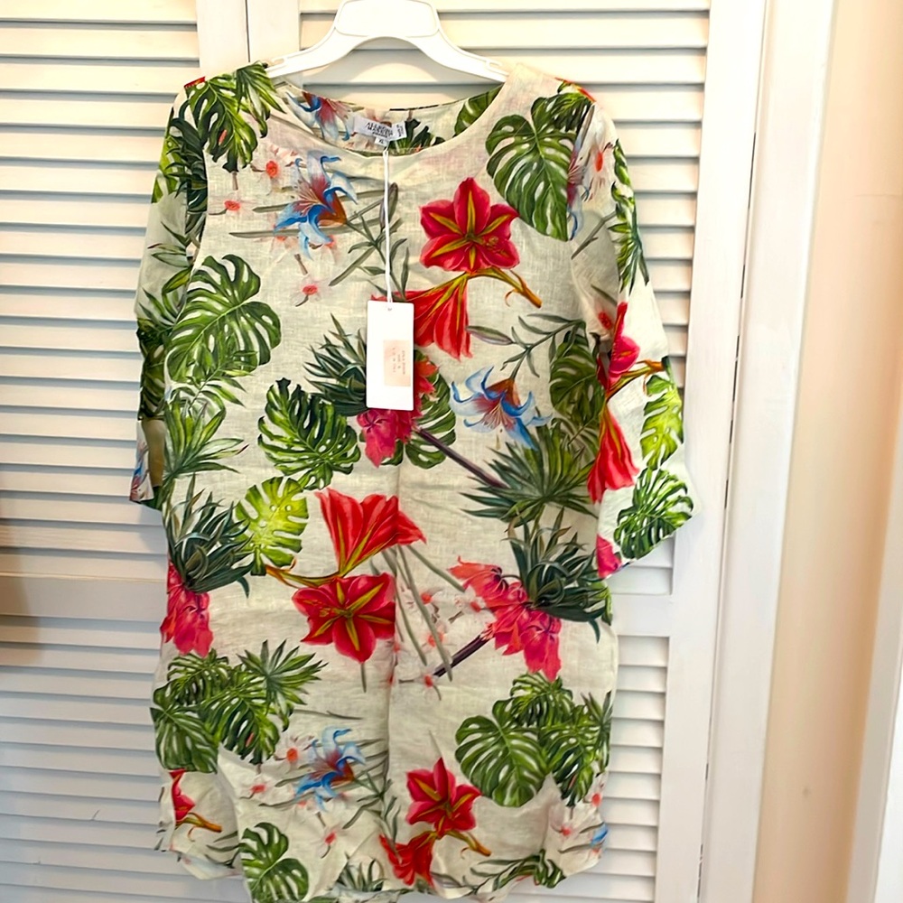 NWT linen dress XL Allegra Masetti made Italy length 37 inch  tropical print
